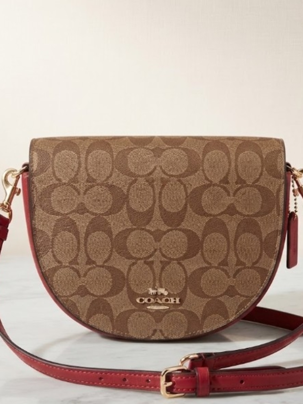 Coach Ellen Brown Signature Saddle Crossbody with Red Trim